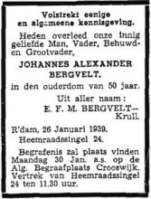 1939 Overlijden Johannes Alexander Bergvelt [1888 -1939]  